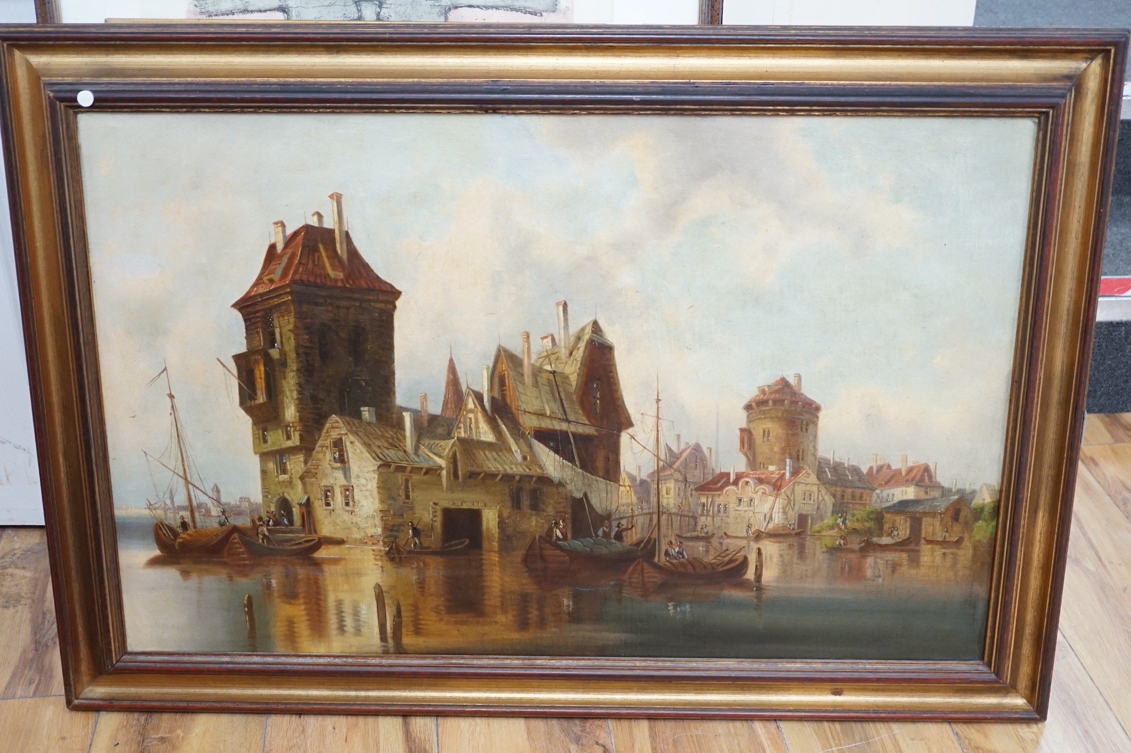 English School c.1900, oil on canvas, Flemish waterside town, 49 x 78cm